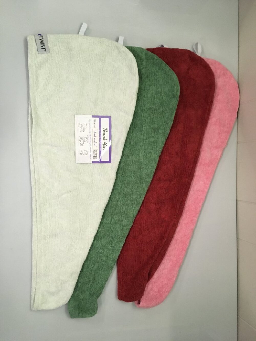 Turbie Twist Hair Towels 4-Pack – Red, Pink, Green & White – New